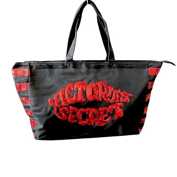 Victoria's Secret Handbags - VICTORIA'S SECRET XL 2018 Black & Red Sequin Bling Glitter Weekend Tote Bag   **